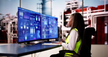 Sanayi IOT Otomasyon Sistemi. Masaüstü Bilgisayarı Kullanan Mühendis