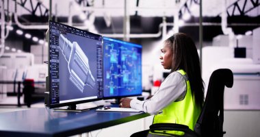 Mühendis fabrikada 3D CAD model tasarımı yapıyor.