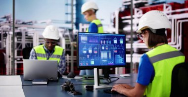 Sanayi IOT Otomasyon Sistemi. Masaüstü Bilgisayarı Kullanan Mühendis