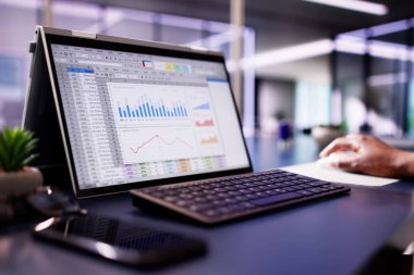 Finans Analisti Kadın, Melez Tıbbi Yazılımını Muhasebe Şirketi Verilerini Analiz Etmek İçin Bilgisayarda Kullanıyor