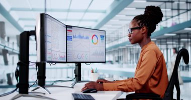 KPI İş Analitik Veri Kontrol Paneli. Analizci Bilgisayar Kullanıyor