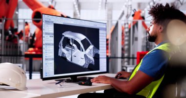 Elektrikli araba montaj fabrikasında bilgisayar kullanan Afrikalı Amerikalı mühendis.