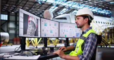 Uçak Tamiri. Teknisyen Uçak Jet Motorunu Güvenlik İçin Kontrol Ediyor