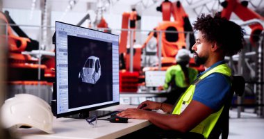 Elektrikli araba montaj fabrikasında bilgisayar kullanan Afrikalı Amerikalı mühendis.