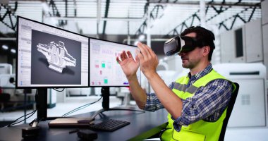 Sanal gerçeklik kulaklığı ve endüstriyel fabrika. VR Teknolojisi İş Başında