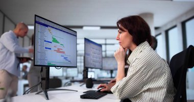 Gantt Çizelgesini Analiz Eden İş Adamları ve Ofisteki Bilgisayar Takvimi