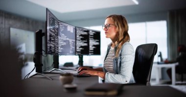 Yazılım Programcısı veya Yazılımcı Kadın Ofis Bilgisayarını Kullanıyor