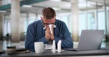 Sick Office Employee Sneezing At Work. Business Executive