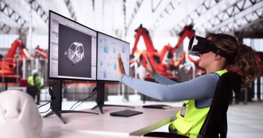 Sanal gerçeklik kulaklığı ve endüstriyel araba fabrikası. VR Teknolojisi