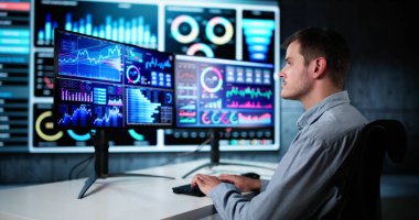 KPI İş Analitik Veri Kontrol Paneli. Analizci Bilgisayar Kullanıyor