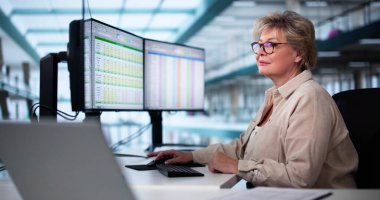 Çoklu Ekran Kullanan Bilgisayar Hesap Tablosu Veri Analisti Kadın