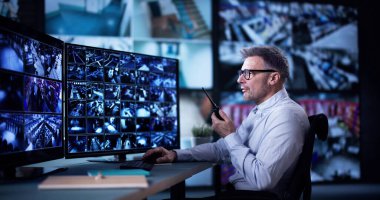 Erkek güvenlik görevlisi bilgisayardaki birden fazla CCTV görüntüsünü izlerken telsizle konuşuyor.
