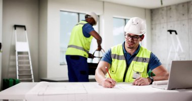 Profesyonel ustabaşı inşaat alanında iletişim kurmak için dizüstü bilgisayar kullanıyor..