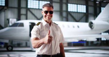Üniformalı Özel Jet Kaptan Pilot Başparmak Hareketi Yapıyor