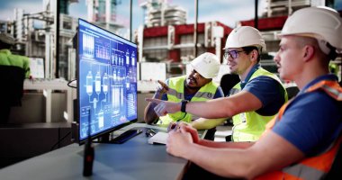 Afrikalı-Amerikalı mühendis endüstriyel petrol rafinerisi ekranlarını izliyor.