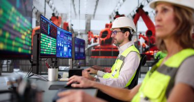 Çeşitli otomotiv ekipleri Scada sistemini kullanarak fabrikada birlikte çalışıyorlar..