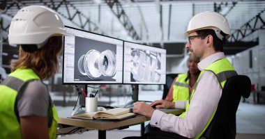 Afro-Amerikan mühendis çeşitli takımlarla birlikte uçak jet motorlarını inceliyor..