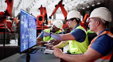 Araba üretim fabrikası hattında SCADA masaüstü yazılımı kullanan mühendis.