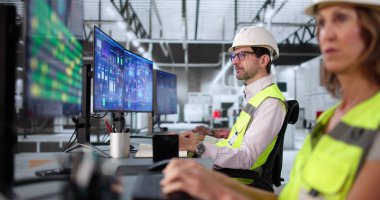 Erkek ve kadın çeşitli fabrikalarda otomatikleştirilmiş makineleri kontrol ediyorlar..