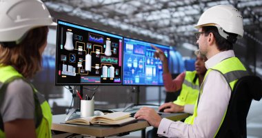 Elektrik santralindeki gelişmiş bilgisayar sistemini kullanan çeşitli mühendisler..