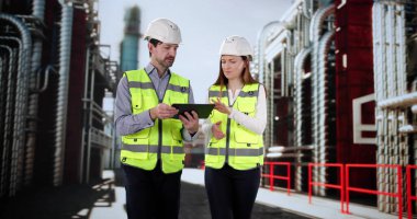 Endüstriyel fabrika teftişi sırasında tablet bilgisayar kullanan güvenlik müfettişleri. Enerji santralinde çalışan mühendis ve teknisyen.