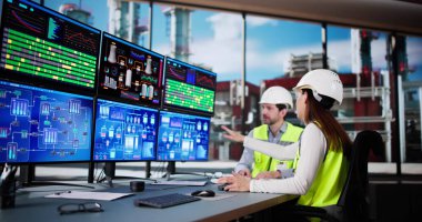 Petrol ve gaz kimya tesisi ve rafineri operasyonlarını izleyen mühendis..