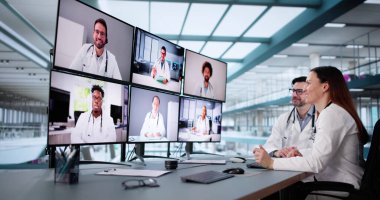 Bilgisayardaki kadın hemşireyle çevrimiçi video konferansında erkek doktor.