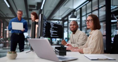 Ofisteki bilgisayardaki genç Afrikalı Amerikalı Kadın Kodlama Yazılımı. Çeşitli Grup