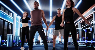 Genç Afrikalı Amerikalı Adam Çeşitli Grup Eğitimlerinde Ağırlık Kaldırıyor. Fitness Eğitmeni Çeşitli Takımlara Koçluk