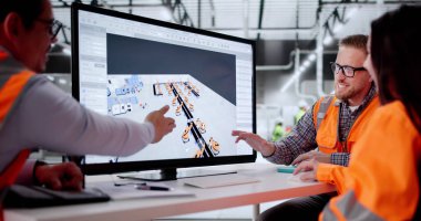 Yeni Tesiste Yapay Zeka Yazılım Haritası Düzenlemesi kullanan Fabrika Mühendisleri.