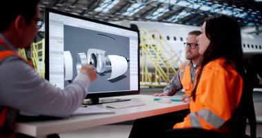 Uçak Mühendisi Jet Motorunu Bakım için Hangarda Denetliyor.