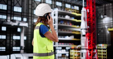 Kadın Mühendis İmalat Tesisi 'nin içinden önemli bir telefon görüşmesi yapıyor..