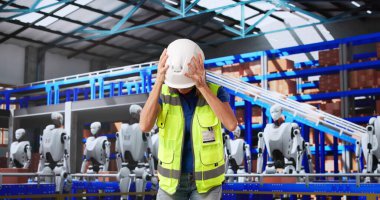 İş gücünün yerini alan yapay zeka ve insanımsı robotlar depoda başı dertte olan mutsuz bir kadın..