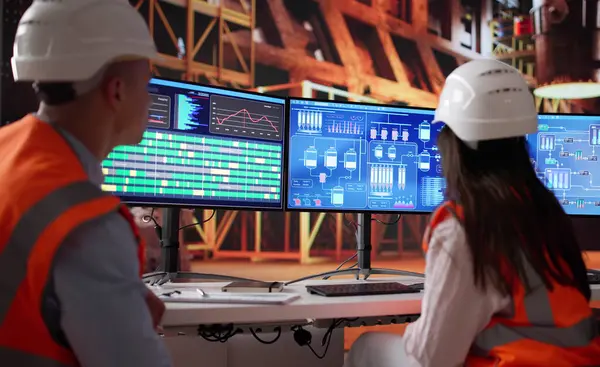 Demir Fabrikasındaki Scada sistemini kullanan genç işçiler takımı.