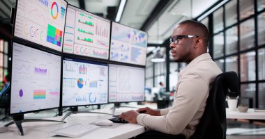 Çeşitli Finansal Analistler Bilgisayar Ekranındaki Borsa Eğilimlerini Analiz Ediyor