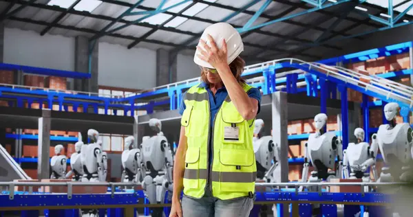 Mutsuz kadın yapay zekanın depoyu ele geçirmesini izliyor, insan işgücünün yerini alıyor..