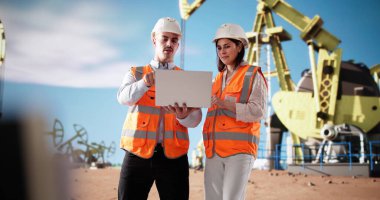 Mühendis, Desert Oil sahasına sondaj donanımı ve pompa denetliyor..