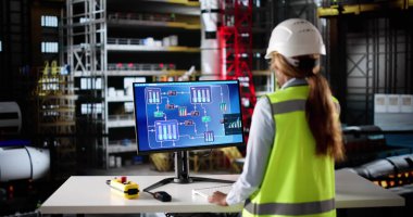 Kadın Mühendis, Kontrol Merkezi 'nde Endüstriyel Teknoloji kullanarak Fabrika Operasyonlarını İzliyor.