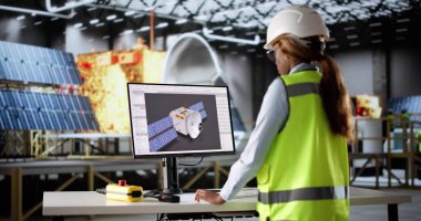 CAD 'deki Güneş Uydusunun 3B modelini hazırlayan kadın mühendis.