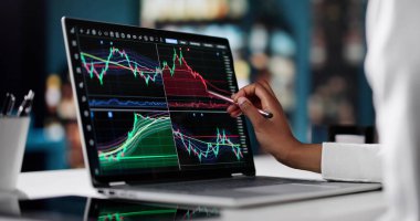 Dişi Borsacı Dizüstü bilgisayardaki Piyasa Eğilimlerini Analiz Ediyor.