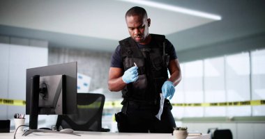 Tam zamanlı suç mahalli inceleme dedektifi laptopla ofiste kanıt topluyor.