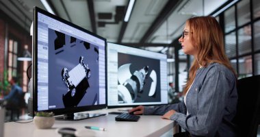 KADIN Mimarı CAD Yazılım kullanarak Modern Binanın Planını Oluşturuyor.