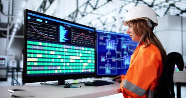 Fabrikadaki İşlemleri Yürütmek İçin SCADA Sistemi Kullanan Genç Kadın Mühendis.