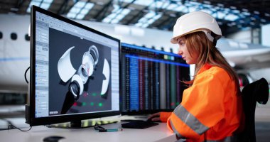 Genç Kadın Uzay Mühendisi Uçak Bakımı için 3D Bilgisayar Modellemesi Kullanıyor.