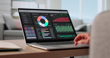 Bilgisayar harcamalarını ve borçlarını takip etmek için bütçe uygulaması kullanan genç bir kadın. Finansal Danışman Kıza Para Düzenlemede Yardım