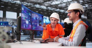 Siyah Kadın Mühendis, Bilgisayar Ekran Sistemi kullanarak Gaz Kontrolünü İzliyor.