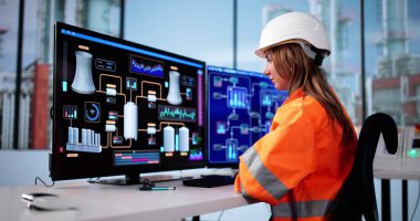 Kadın Mühendis Yağ ve Gaz Endüstrisi Kontrol Odasında Verimlilik İzliyor.