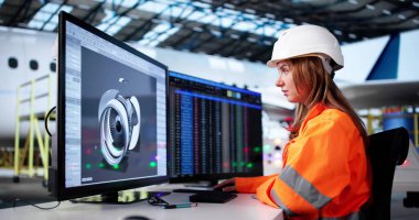 Genç Kadın Uçak Teknisyeni Bakım için Bilgisayar Modeli Kullanıyor.