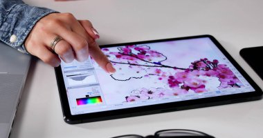 Genç Kadın Çevrimiçi Portföy İçin Bilgisayarda Grafik Tasarımlar Düzenliyor.