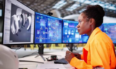 Genç Afro-Amerikalı Kadın Bilgisayar kullanarak uçak parçaları tasarlıyor..